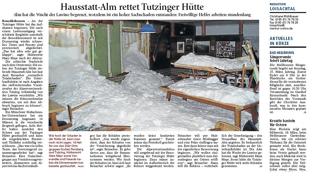 Artikel zum Lawinenunglück im Tölzer Kurier