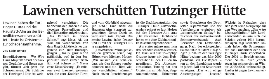 Artikel zum Lawinenunglück im Tölzer Kurier