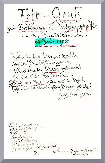 Festgruss zur Eröffnung der Hütte